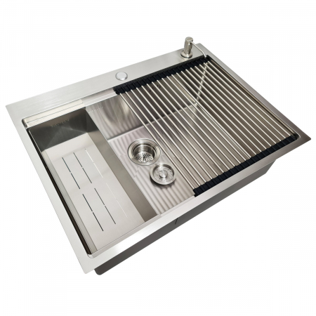 Chiuveta bucatarie inox CookingAid HERA TOP cu dozator detergent, scurgator vase/paste/fructe, gratar rulabil inox, tocator lemn Sapele + accesorii montaj [3]