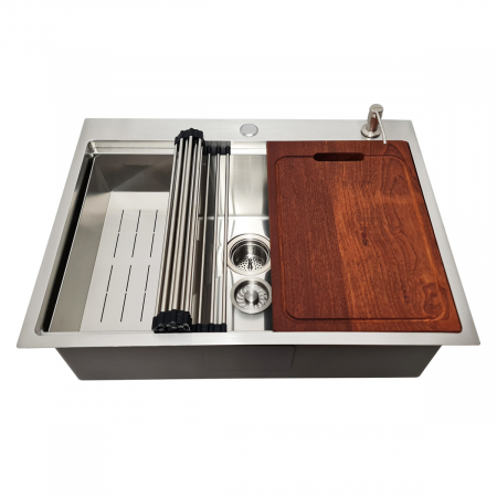 Seturi bucatarie - Chiuveta bucatarie inox CookingAid HERA TOP cu dozator detergent, scurgator vase/paste/fructe, gratar rulabil inox, tocator lemn Sapele + accesorii montaj