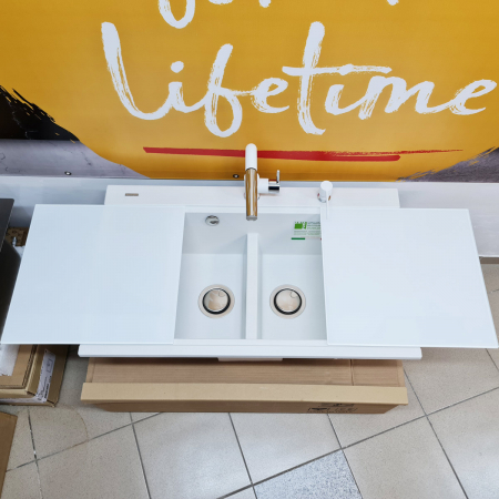 Set complet Chiuveta bucatarie granit dubla cu 2 cuve CookingAid Kinga LX8620 Alba / Polar White + Baterie CookingAid Arizona + 2 Tocatoare sticla Temperizata Alba + Tavita scurgere inox + accesorii montaj [11]