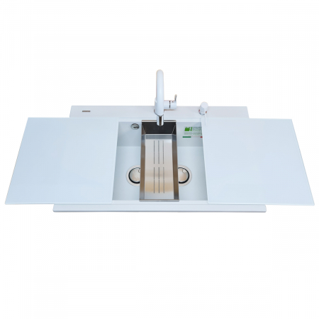 Chiuveta bucatarie granit dubla cu 2 cuve CookingAid Kinga LX8620 Alba / Polar White + baterie,2 tocatoare sticla ,tavita inox ,dozator [6]