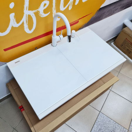 Chiuvete si baterii bucatarie - Chiuveta bucatarie granit dubla cu 2 cuve CookingAid Kinga LX8620 Alba / Polar White + baterie,2 tocatoare sticla ,tavita inox ,dozator
