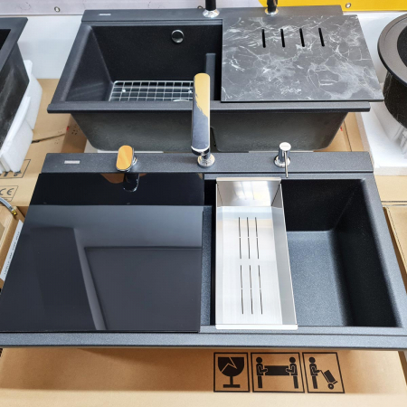 Chiuvete si baterii bucatarie - Set complet Chiuveta bucatarie granit dubla cu 2 cuve CookingAid Kinga LX8620 Neagra / Black Metal quartz + Baterie telescopica CookingAid Box QS3000 + 2 Tocatoare sticla Temperizata Neagra +Tavita sc