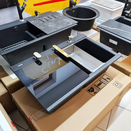 Set complet Chiuveta bucatarie granit dubla cu 2 cuve CookingAid Kinga LX8620 Neagra / Black Metal quartz + Baterie telescopica CookingAid Box QS3000 + 2 Tocatoare sticla Temperizata Neagra +Tavita sc [2]