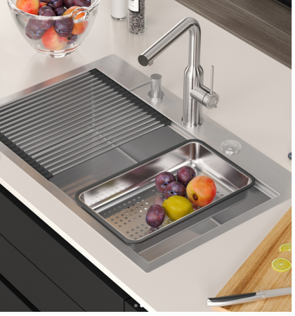 Chiuvete si baterii bucatarie - Set inox Workstations Burt 110 Quadron cu dozator+scurgator inox+gratar rulabil+tocator lemn+capac scurgere