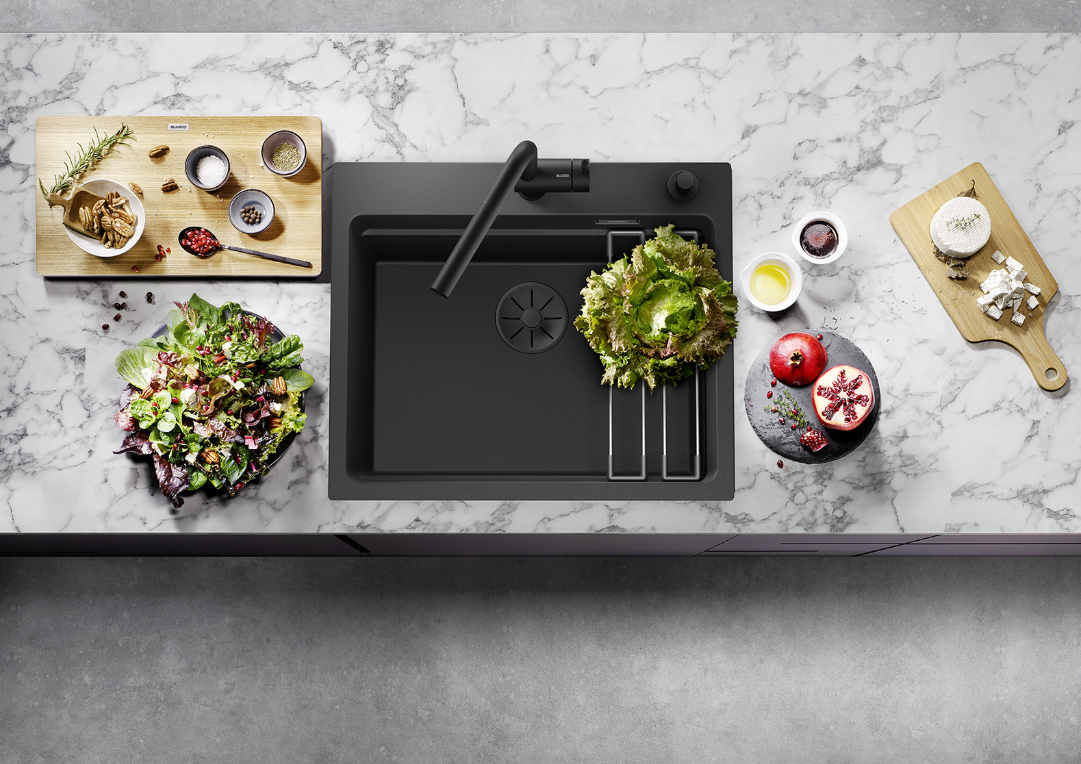 Chiuveta granit bucatarie Blanco ETAGON 6 black edition cu excentric si 2 sine din otel