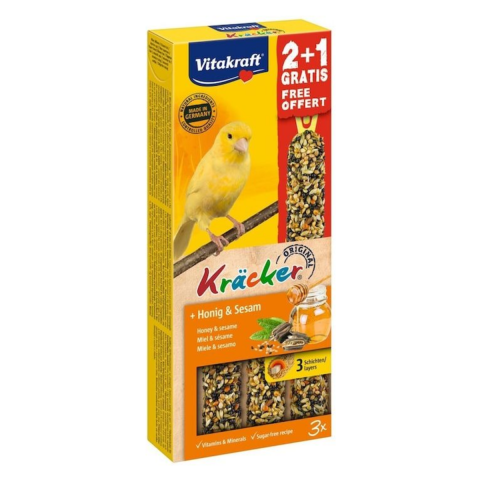Hrana pasari si rozatoare - Batoane pentru canari Vitakraft cu miere si susan, 3 batoane, 90 g