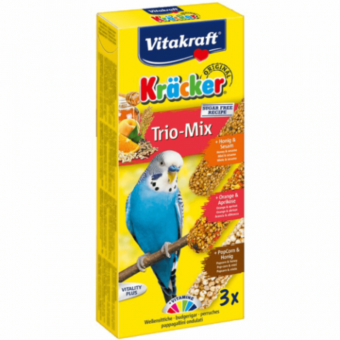 Hrana pasari si rozatoare - Batoane pentru perusi Vitakraft Kracker Trio Miere/Portocala/Popcorn 80 g