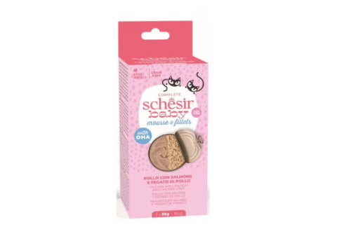 Hrana - Conserve umeda Schesir Baby pentru pisici, pui si somon, set 3 x 55g, aroma pui, junior