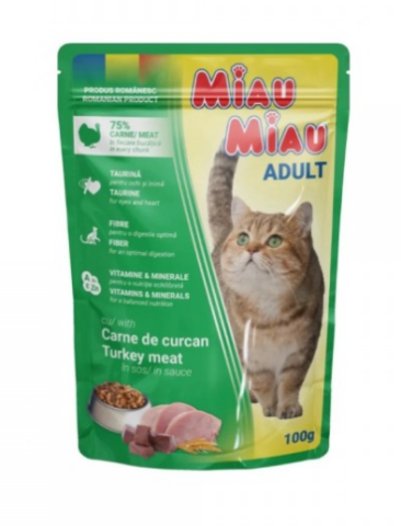Pet Shop - Hrana umeda pentru pisici, Miau Miau, Curcan in Sos, 100 g