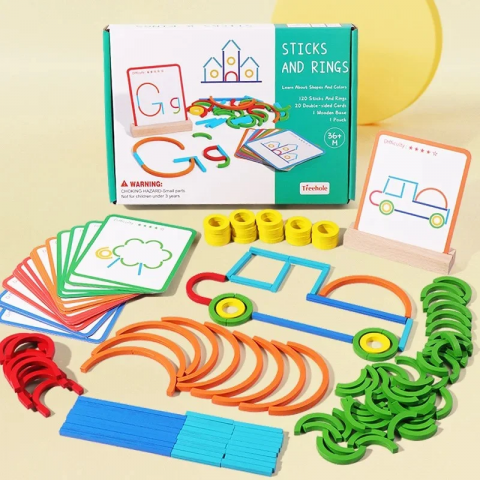 Creativitate si Indemanare - Joc de creativitate din lemn betisoare si inele Sticks and rings, 3 ani+