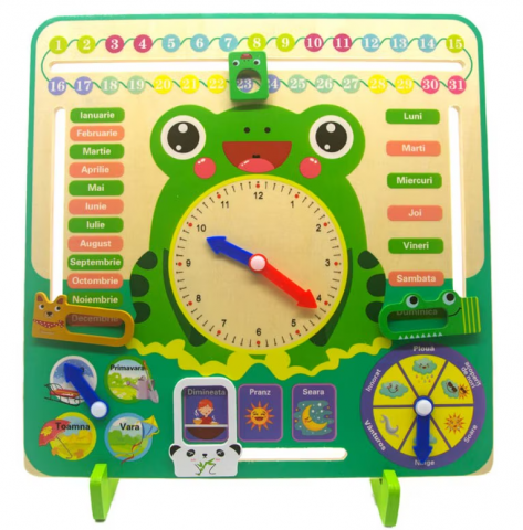 Jocuri Educative - Jucarie educativa din lemn, calendar, ceas, anotimpuri, broscuta, Montessori