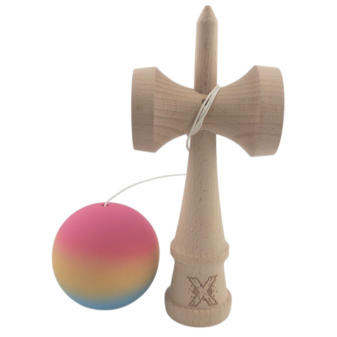 Jocuri - Kendama X Originala, Profesionala, Flippy, din Lemn, Rubber Grip, 18 cm, Roz/Galben/Albastru