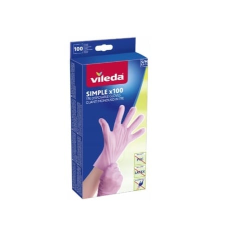 Casa, Gradina & Bricolaj - Manusi de unica folosinta, Vileda, Simple, TPE, S/M, Roz, 100buc/cutie