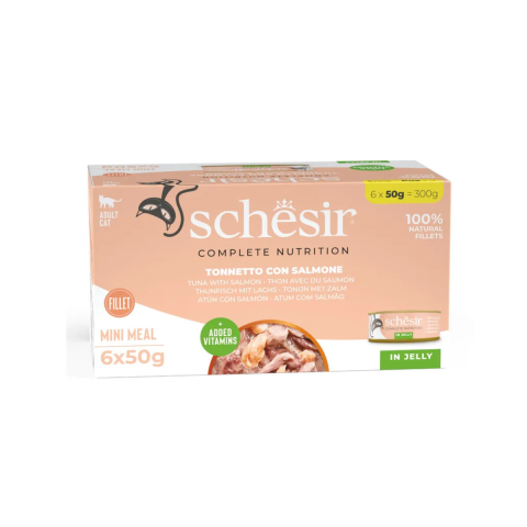 Hrana pentru pisici - Plic hrana umeda SCHESIR Complete Nutrition Ton si Somon (in aspic) 6x50g