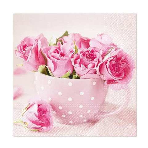 Prosoape Hartie - Servetele din hartie Tete a Tete, Roses in a cup, 3 straturi, set 20 bucati