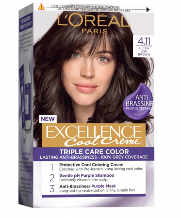 Vopsea de par si oxidant - Vopsea de par permanenta cu amoniac L'Oreal Paris Excellence Cool Creme 4.11 Ultra Ash Brown, 192 ml