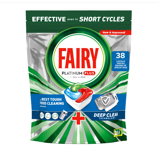 Detergenti Bucatarie si Vase - Detergent capsule automat pentru masina de spalat vase Fairy Platinum Plus Deep Clean, 38 spalari