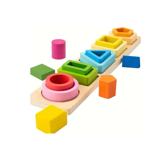 Jucarii, Copii & Bebe - Jucarie educativa Montessori pentru copii, sortator din lemn cu forme geometrice, 5 coloane si 15 piese