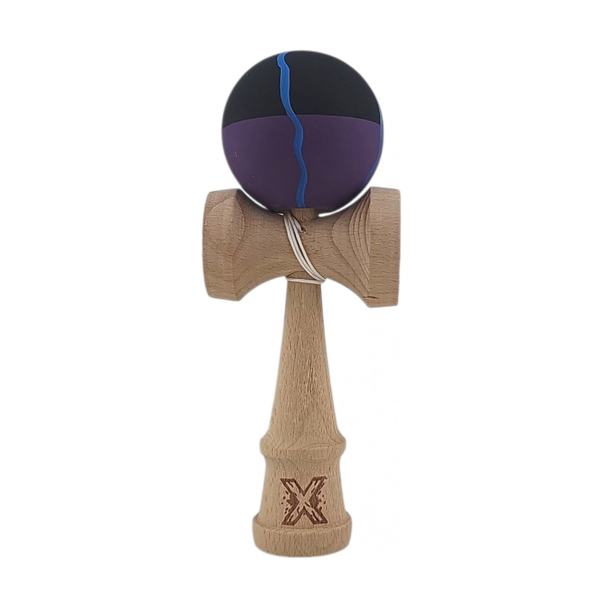 Jocuri - Kendama X Originala, Profesionala, Flippy, din Lemn, Rubber Grip, 18 cm, Negru/Mov/Albastru