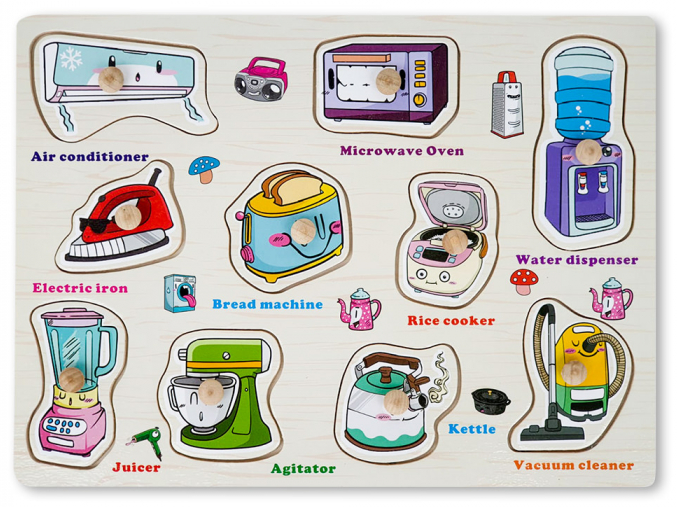 Jucarii, Copii & Bebe - Puzzle incastru din lemn cu butoni,10 Obiecte casnice