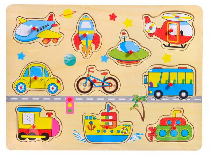 Jucarii, Copii & Bebe - Puzzle incastru din lemn cu butoni si 10 vehicule