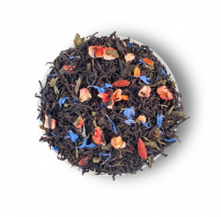 Splashes of champagne Amestec de ceai negru, ceai verde, capsuni și petale de albastrele de la Lovare [1]