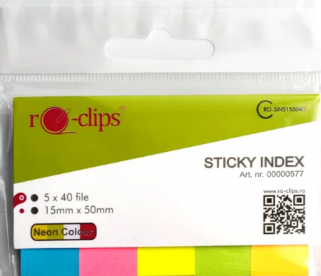 Notesuri si Cuburi autoadezive - Index autoadeziv 15x50 mm - Culori Neon - Ro-Clips