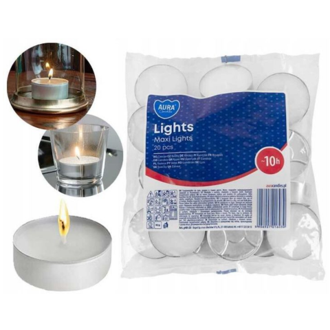Lumanari si candele - Lumanari pastila Aura Candles Maxi Lights , 10 h ardere, alb, 5,7x2,2cm, set 20 bucati