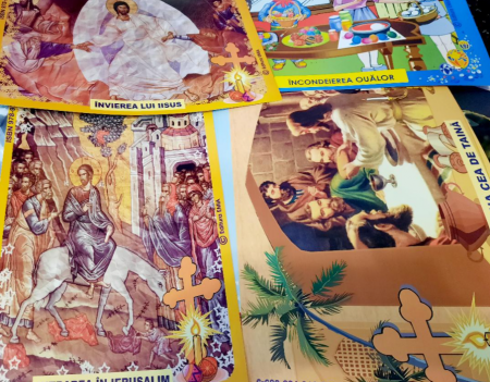 Auxiliare didactice - Sarbatoarea Invierii. Planse cu Intrarea in Ierusalim, Cina cea de Taina, Invierea, incondeierea oualor, vine iepurasul - Maria Gramescu, Hermina Furca