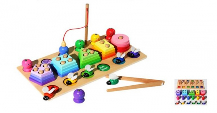 Joc 3 in 1 de tip Montessori - Sortator cu 5 forme geometrice, pescuit magnetic, prinde albinute [2]