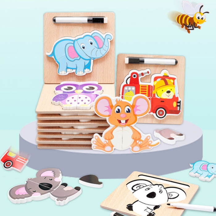 Puzzle lemn 3D masina de pompier - 2 in 1 cu marker [3]