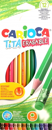 Rechizite - Set 12 creioane colorate cu radieră Carioca Tita Erasable - radiera șterge culorile