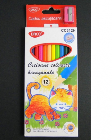Rechizite - CREIOANE COLORATE DACO - SET 12 CULORI cu ASCUTITOARE