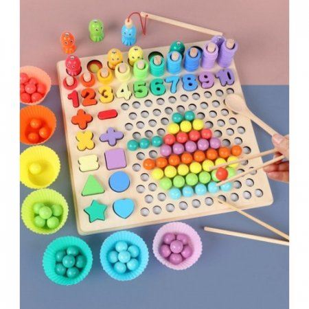 Joc in stil Montessori 5 in 1 curcubeu: de pescuit, cu bilute pentru indemanare, cu cifre, forme si cercuri - numaratoare [3]