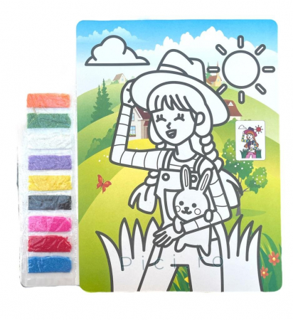 Produse cu specific de primavara si Paste - Plansa desen cu nisip colorat A4 Fetita cu iepuras