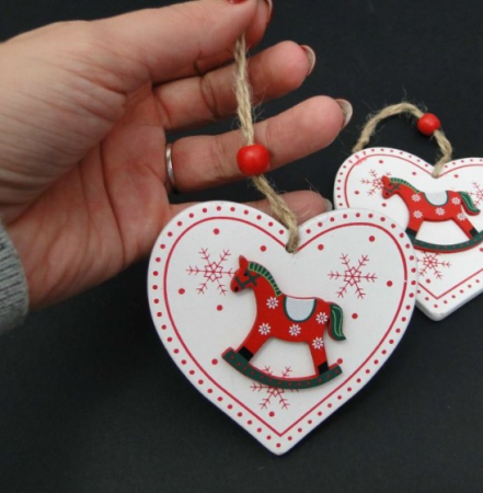 Figurine lemn - Ornament de Craciun - inimioare 9cm set /2buc