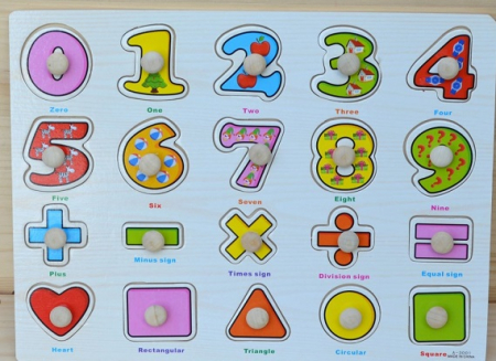 Jucarii de logica si cu notiuni de matematica - Puzzle cu pin din lemn - cifre si forme geometrice
