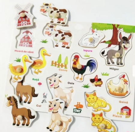 Produse sub 30 lei - Puzzle cu pin din lemn - animale domestice la ferma in limba romana