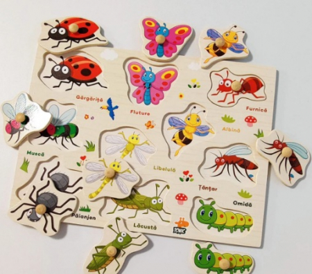 Produse sub 30 lei - Puzzle cu pin din lemn - insecte in limba romana