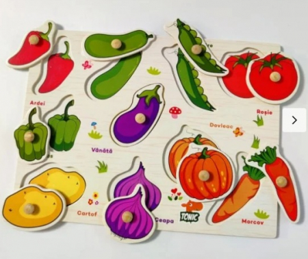 Cu fructe si legume - Puzzle cu pin din lemn - legume in limba romana