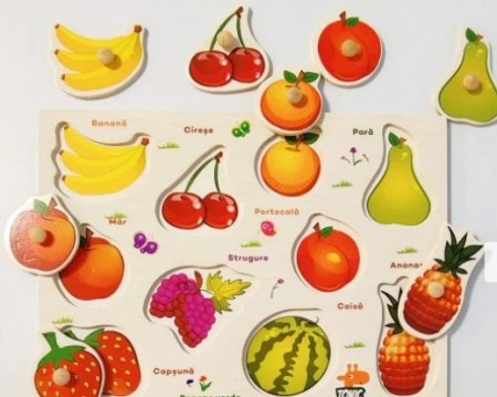 Jucarii, carti si materiale in stil Montessori - Puzzle cu pin din lemn - fructe in limba romana