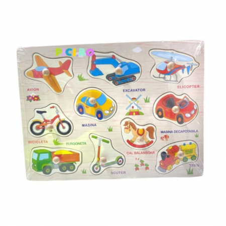 Masini si alte jocuri, jucarii si crafturi cu roti - Puzzle cu pin din lemn - mijloace de transport in limba romana