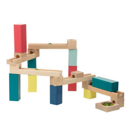 Jucarii de logica si cu notiuni de matematica - Set de constructie – Circuit Marble Track cu 6 bile si piese din lemn