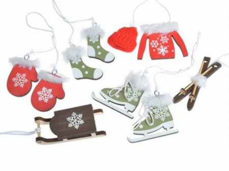 Produse cu specific de iarna si Craciun - Set figurine din lemn - patine, schiuri, manusi, sanie