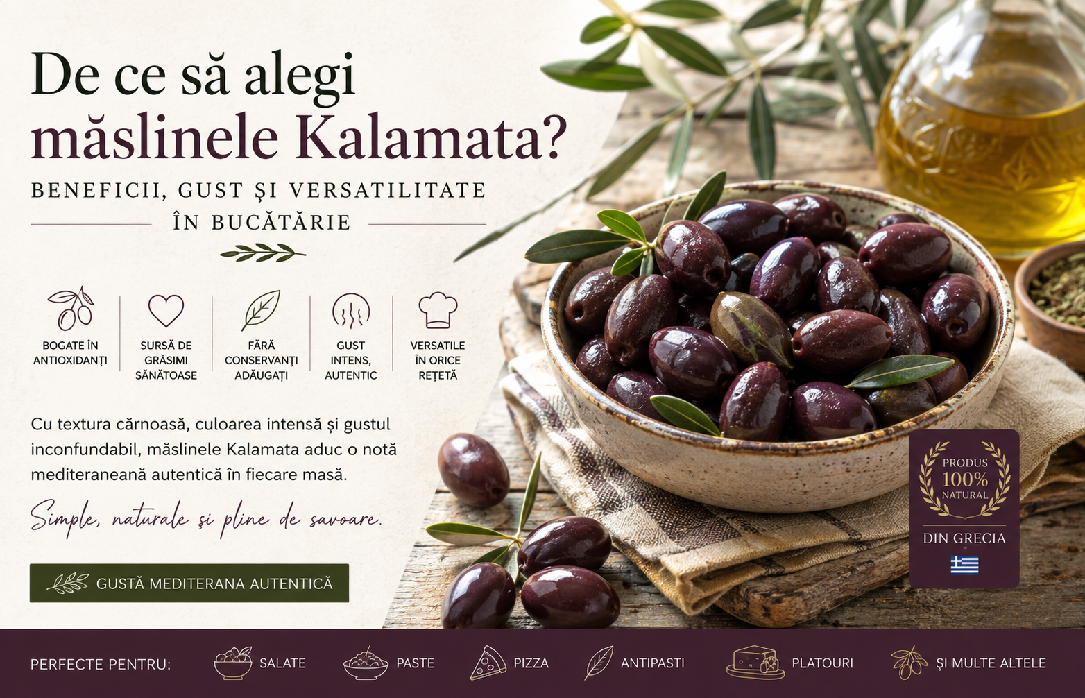 De ce sa alegi maslinele kalamata? Beneficii, gust si versatilitate in bucatarie