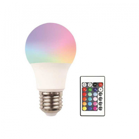 Becuri si tuburi LED - Bec LED cu telecomanda, A60, 9W, E27, RGB, 850lm, 220-240V, Eurolamp