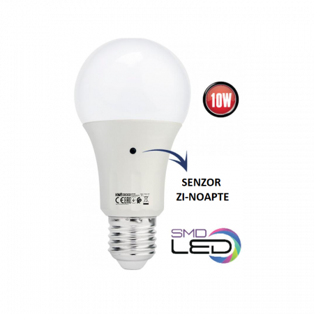 Becuri si tuburi LED - Bec LED PLUS cu senzor zi-noapte, A60, 10W, E27, 4000K lumina neutra, 900lm, 170-265V, Eurolamp