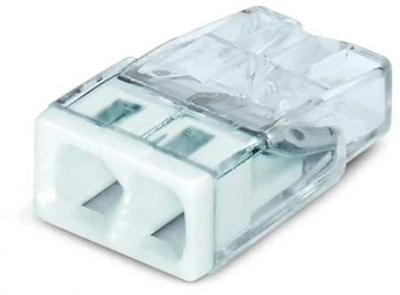 Cleme Wago - Conector COMPACT; pentru conductori unifilari; max. 2,5 mm²; 2 conductori; carcasă transparentă; capac alb;