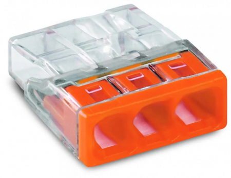 Cleme Wago - Conector COMPACT; pentru conductori unifilari; max. 2,5 mm²; 3 conductori; carcasă transparentă; capac portocaliu;