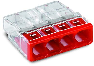 Cleme Wago - Conector COMPACT; pentru conductori unifilari; max. 2,5 mm²; 4 conductori; carcasă transparentă; capac roşu; Temperatură aer ambiant: max 60°C (T60); 2,50 mm²; transparent